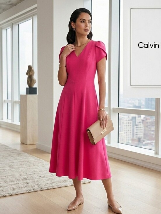 Calvin Klein Dresses & Skirts - Calvin Klein Hot Pink V-Neck Midi Dress